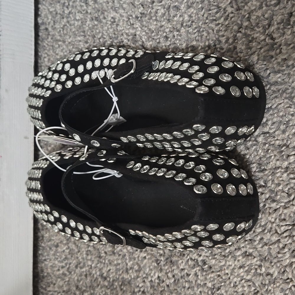 Black Rhinestone Studded Mary Jane Ballet Flats Style Shoes, Size 6.5, NEW W/Tag - Picture 4 of 15